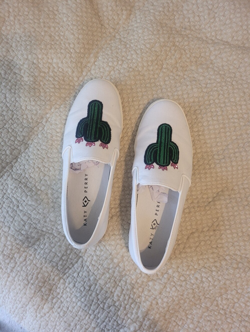 Katy Perry Collections White Slip-On Sneakers with Green Cactus Patch